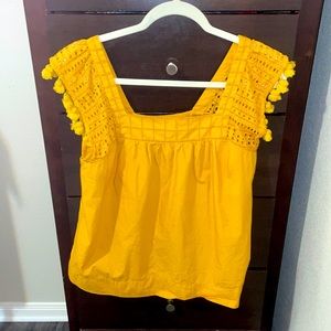 JCrew Mustard Peasant Blouse w Tassels on sleeves